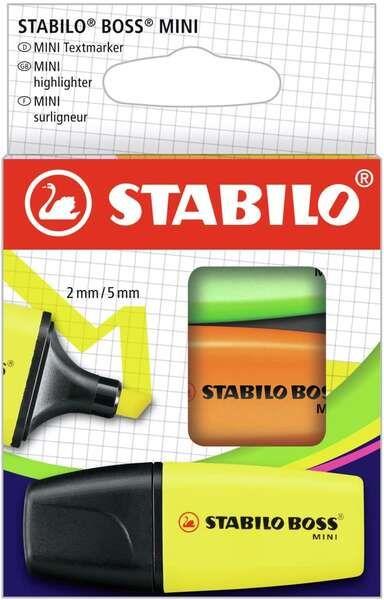 Marcadores de Texto STABILO BOSS Mini (3 unidades - Traço 2–5 mm - Verde, Laranja e Amarelo)