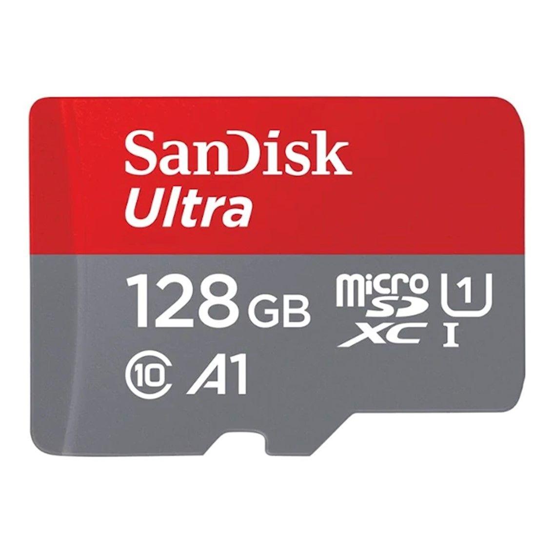 Cartão de Memória SANDISK Ultra (128GB - Classe 10 - Até 140 MB/s - Cinzento e Vermelho)