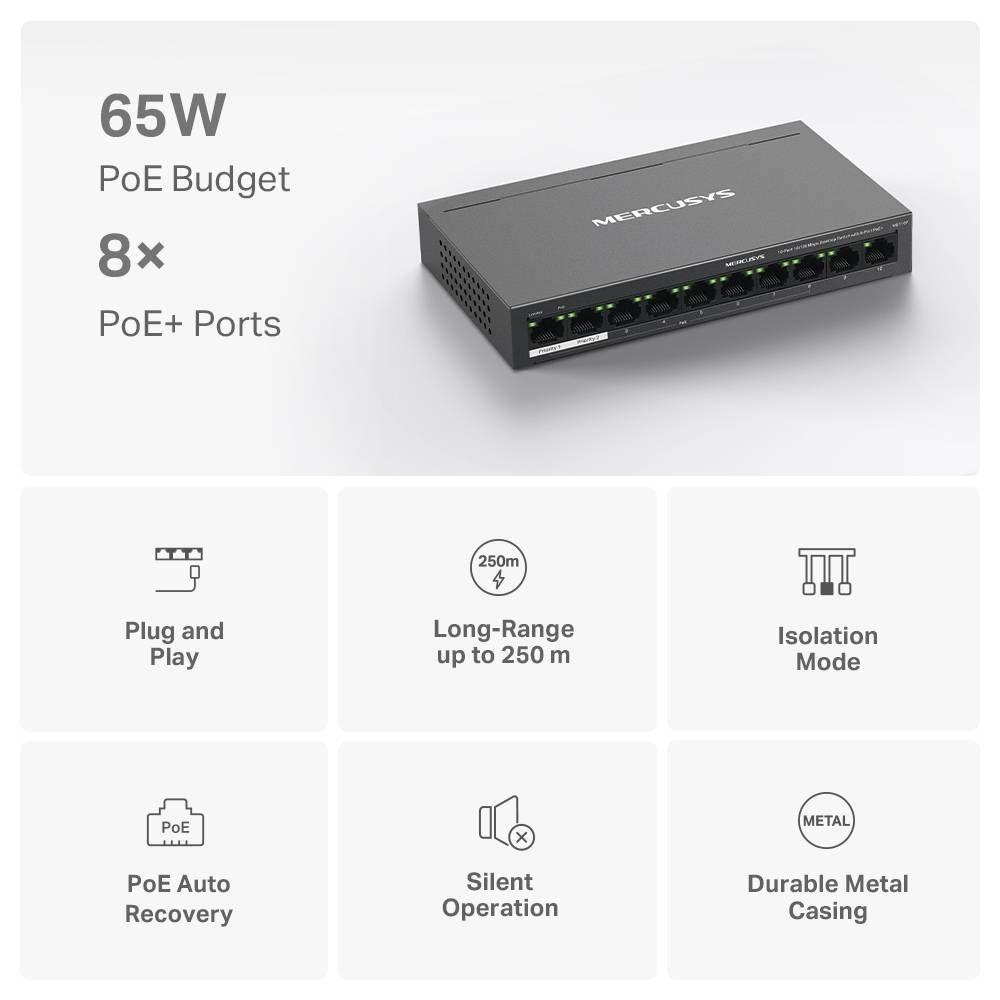 Switch MERCUSYS MS110P (10 x RJ45 - Fast Ethernet - 2000 bytes - Preto) — miniatura 2
