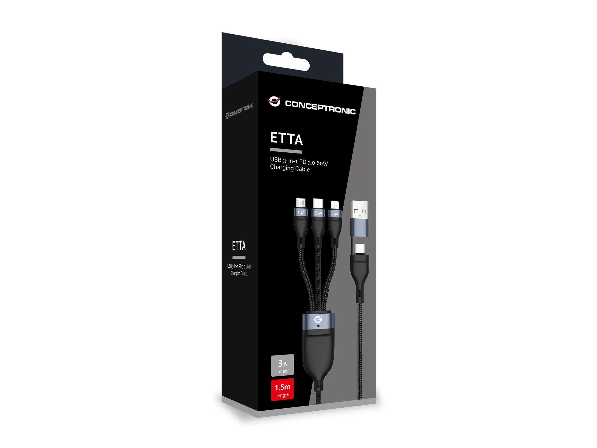 Cabo USB 3 em 1 CONCEPTRONIC ETTA05B15 (1,5 m - USB C/Micro-USB B/Lightning - USB C - Preto), miniatura 3