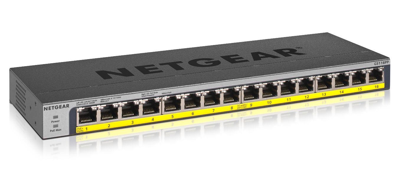 Switch de Rede NETGEAR GS116PP-100EUS (Gigabit Ethernet - 10/100/1000 Mbit/s - 1000 KB - Preto)