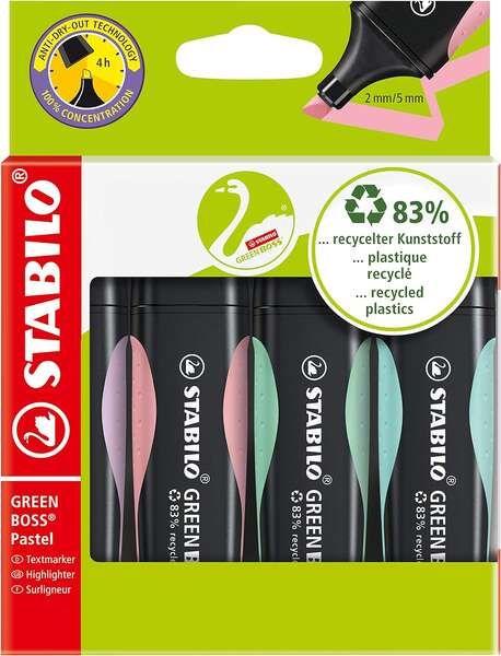Conjunto de 4 Marcadores Fluorescentes STABILO Green Boss Pastel (Ponta de cinzel 2-5 mm - Cores pastel variadas)