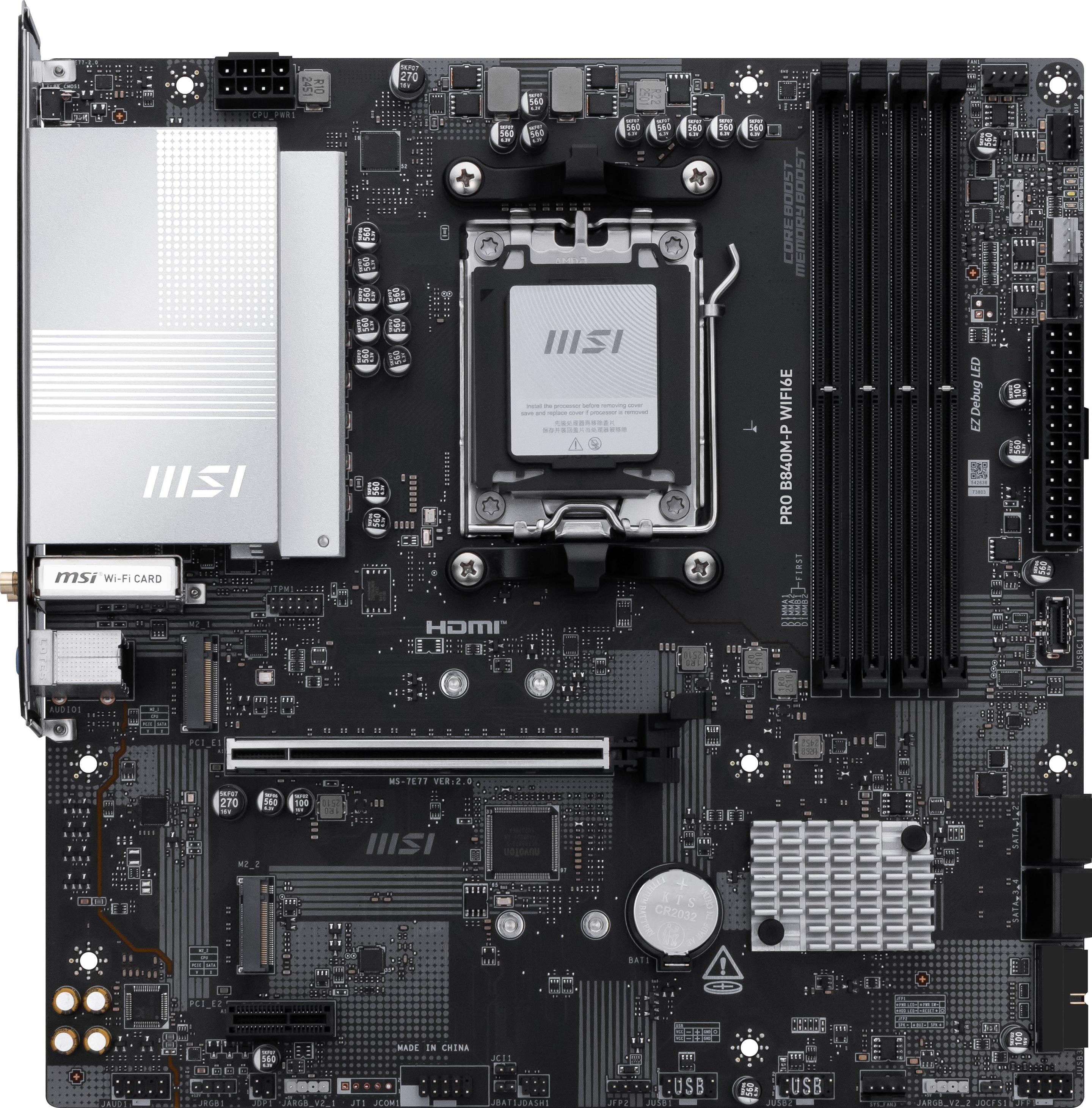 Motherboard MSI PRO B840M-P WIFI6E (AM5 - micro-ATX - Duplo canal - Preto)