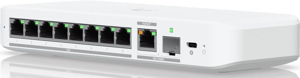 Switch de Rede UBIQUITI UniFi Flex 2.5G 8 USW-FLEX-2.5G-8 (9 Portas - RJ45 ou SFP+ 10GbE - PoE+ - Prateado)