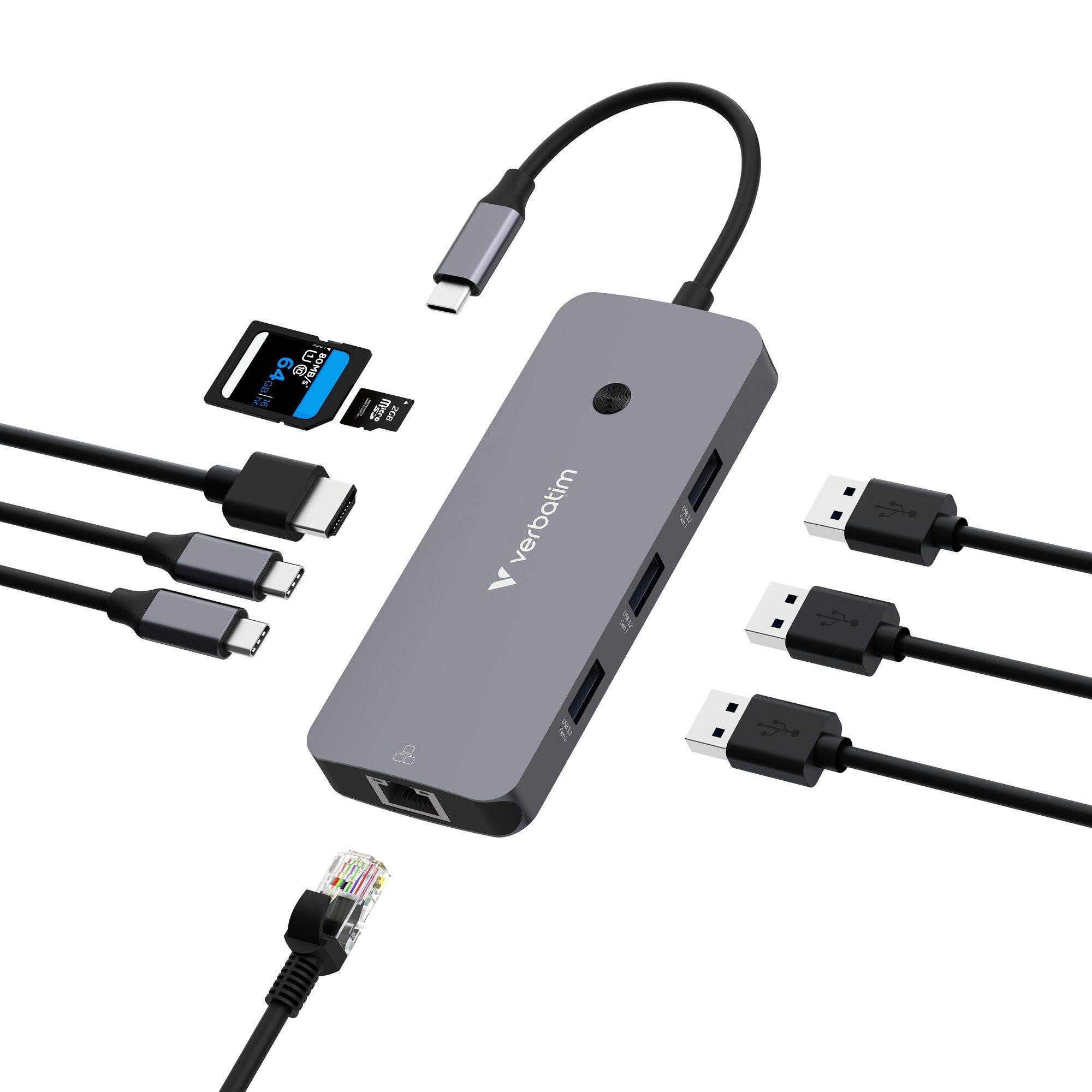 Hub USB-C VERBATIM CMH-09 (0,15 m - USB Type-C - Prateado)