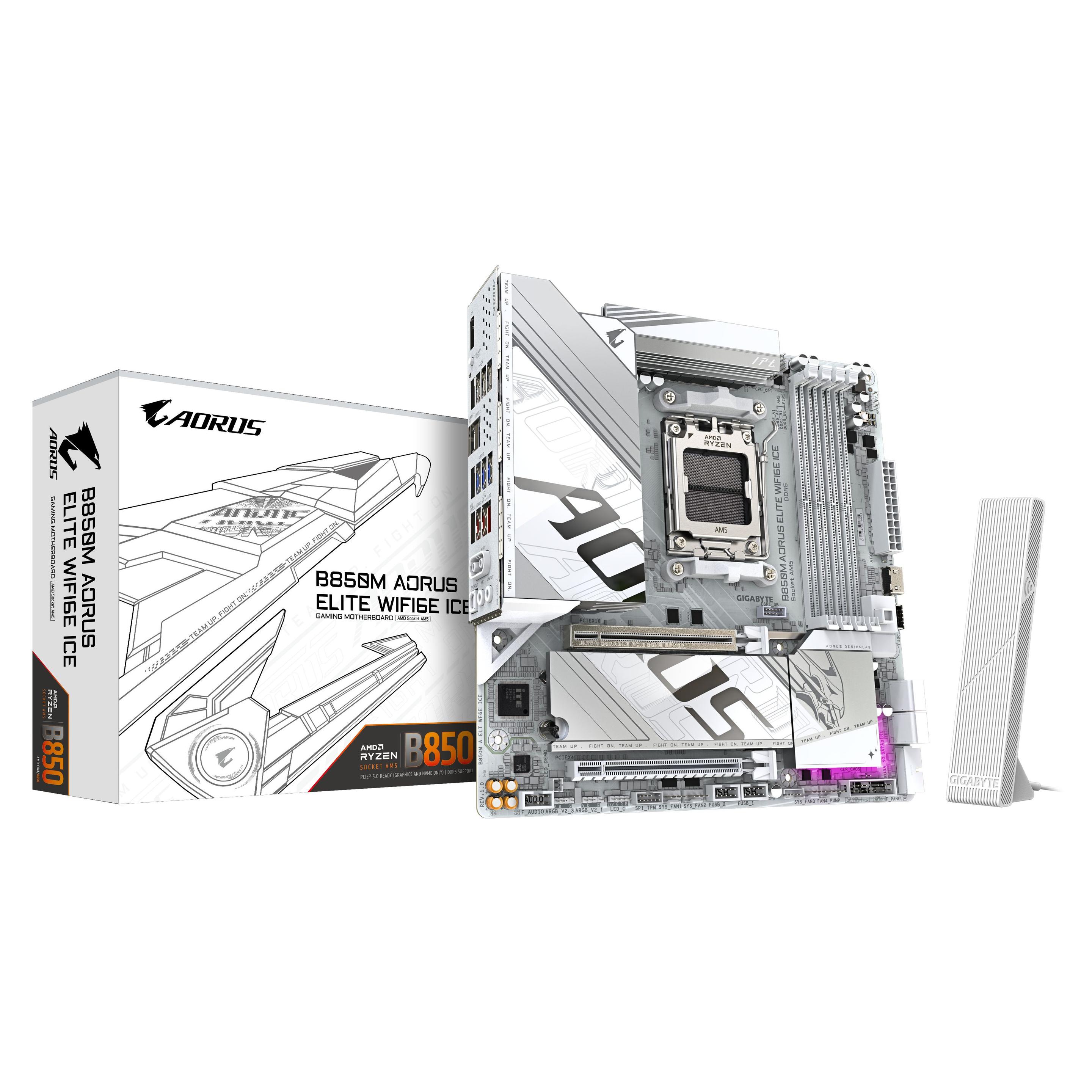 Motherboard GIGABYTE B850M AORUS ELITE WIFI6E ICE (AM5 - Micro-ATX - Dois canais - Branco)