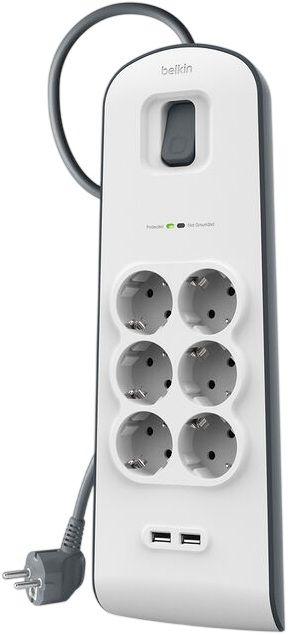 Bloco de Tomadas com Proteção contra Sobretensões BELKIN BSV604VF2M-V2 (2 USB-A - CA com ligação à terra - Cinzento e Branco) — miniatura 2
