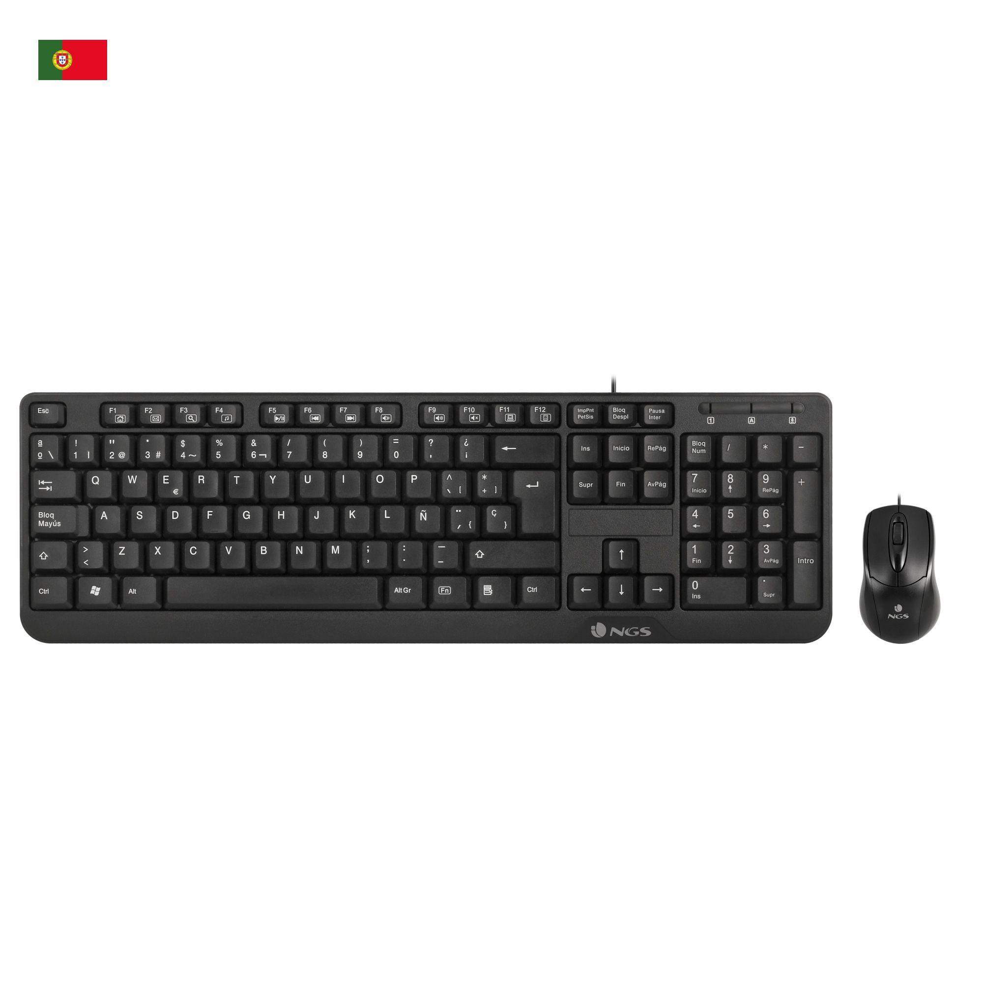 Teclado e Rato NGS Cocoa Kit (Português - Tamanho completo - USB - Preto)