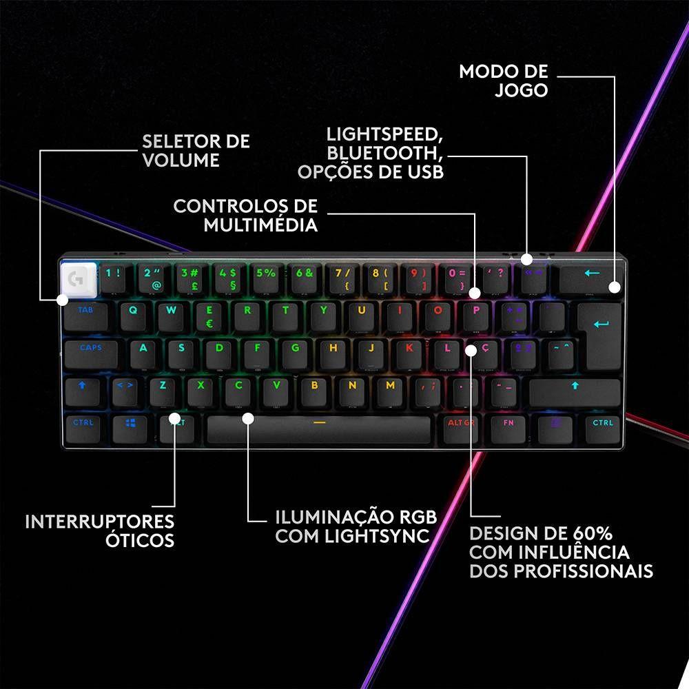 Teclado LOGITECH G PRO X 60 LIGHTSPEED (Inglês - Logitech GX Brown - USB + RF Wireless + Bluetooth - Preto) — miniatura 5