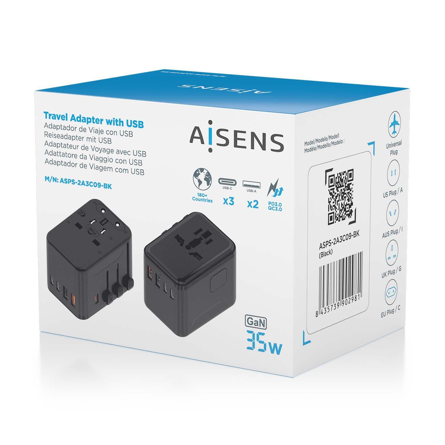 Adaptador de Viagem Universal AISENS ASPS-2A3C09-BK (2500 W - 35 W - Preto), miniatura 7