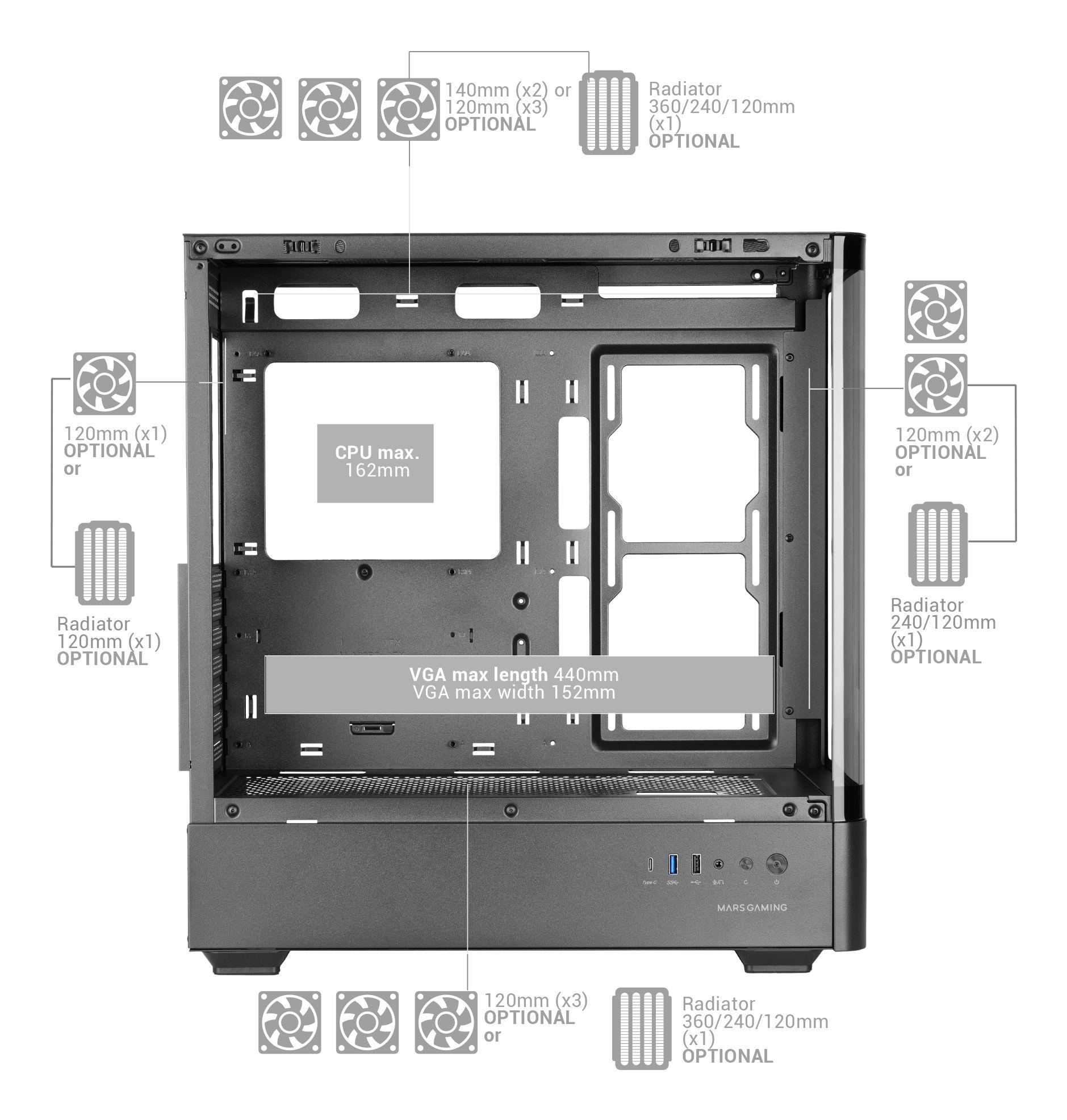 Caixa ATX MARS GAMING MC-LCDPRO (ATX, Micro ATX, Mini-ITX - Midi Tower - ATX, Mini-ITX, Micro ATX - Preto) — miniatura 8
