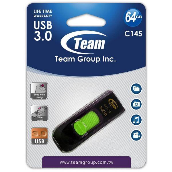 Pen USB TEAM C145 (Slide - USB Type-A - 3.2 Gen 1 - Preto e Verde)