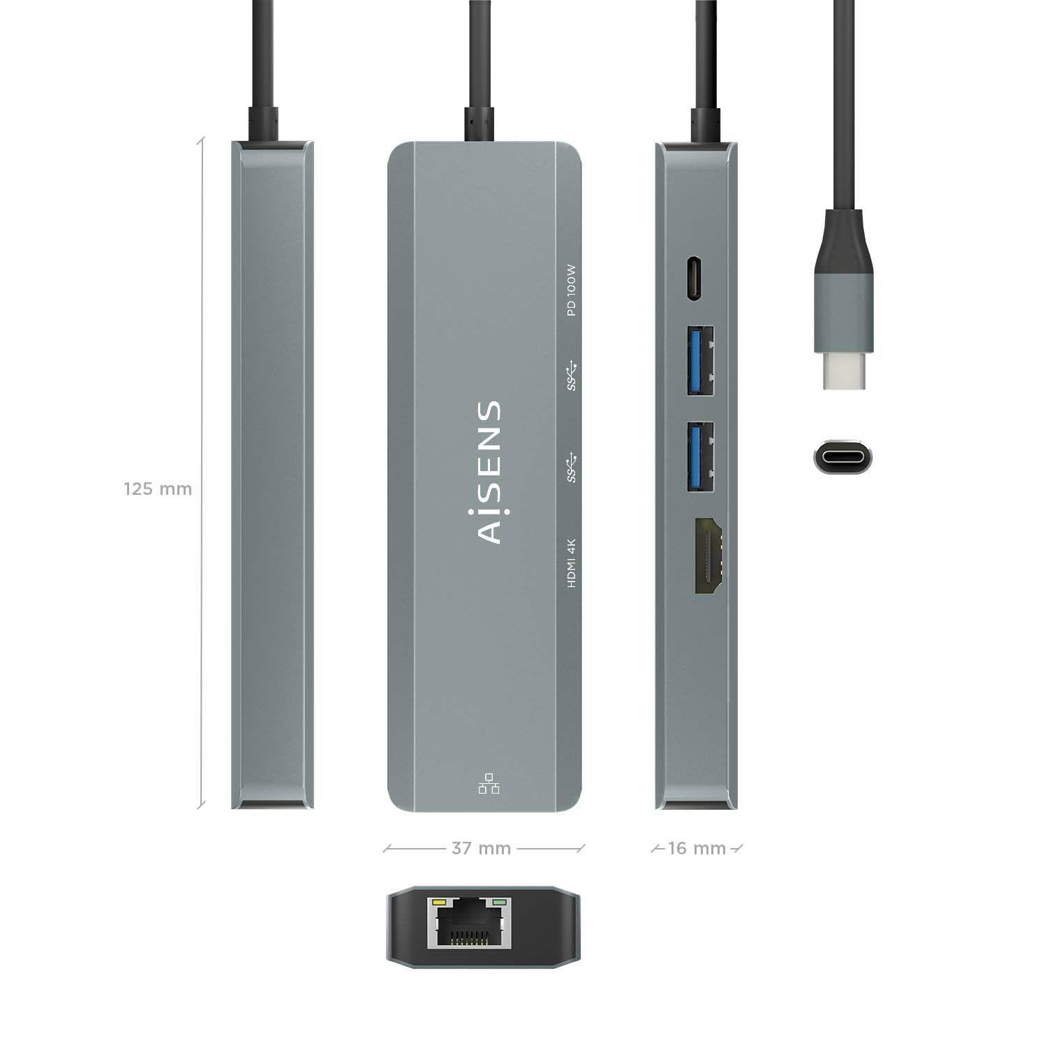 Hub USB-C AISENS ASUC-5P011-GR (0,15 m - Cinzento), miniatura 4