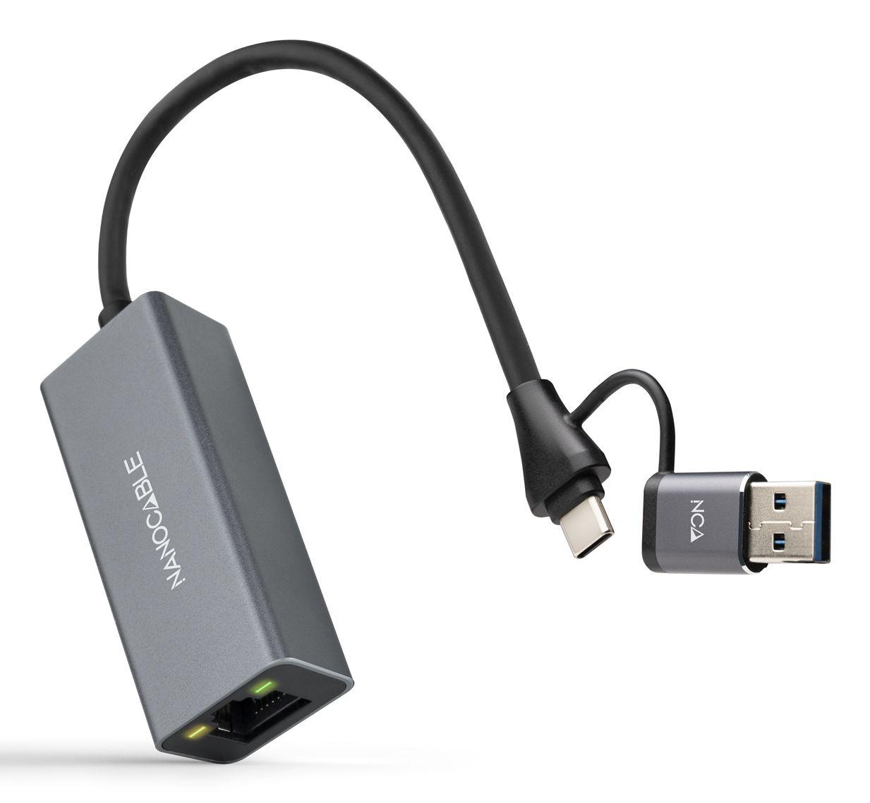 Adaptador de Rede USB-C + USB-A NANOCABLE 10.03.0411 (Gigabit Ethernet - 15 cm - Cinzento)