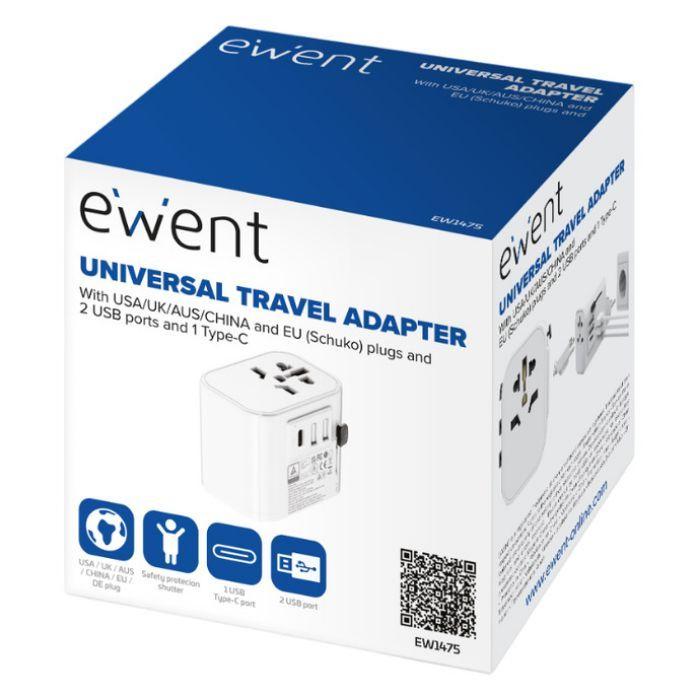 Adaptador Universal de Viagem EWENT EW1475 (3: 2 USB-A e 1 USB-C - Schuko, tipos E, F e C - Branco) — miniatura 3