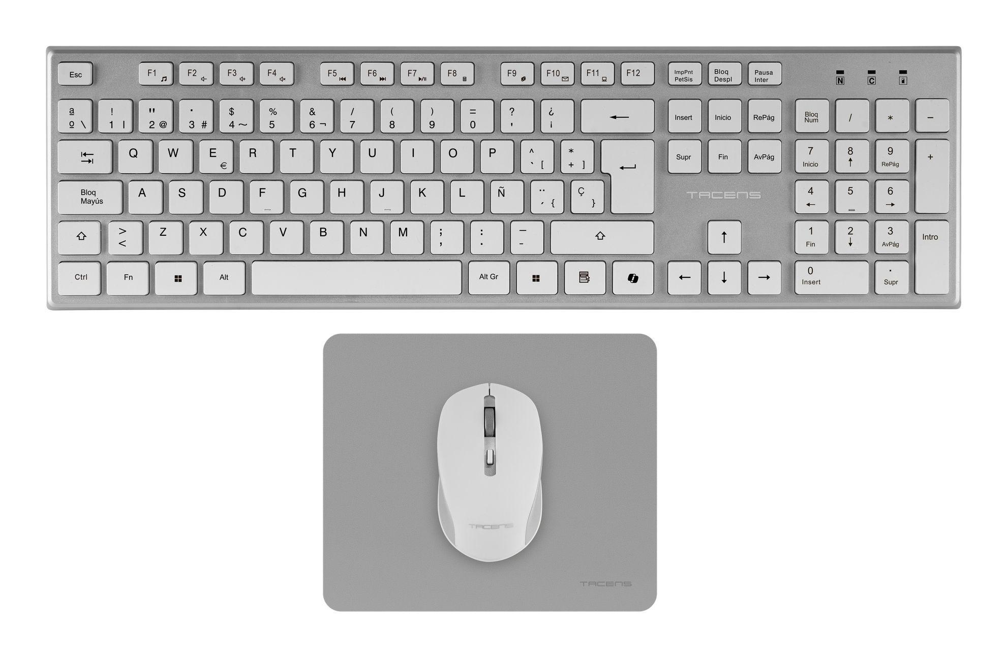 Conjunto de Teclado, Rato e Tapete TACENS 6ZENITHWES (Espanhol - Interruptor de membrana - Tamanho completo - Branco e Prateado)