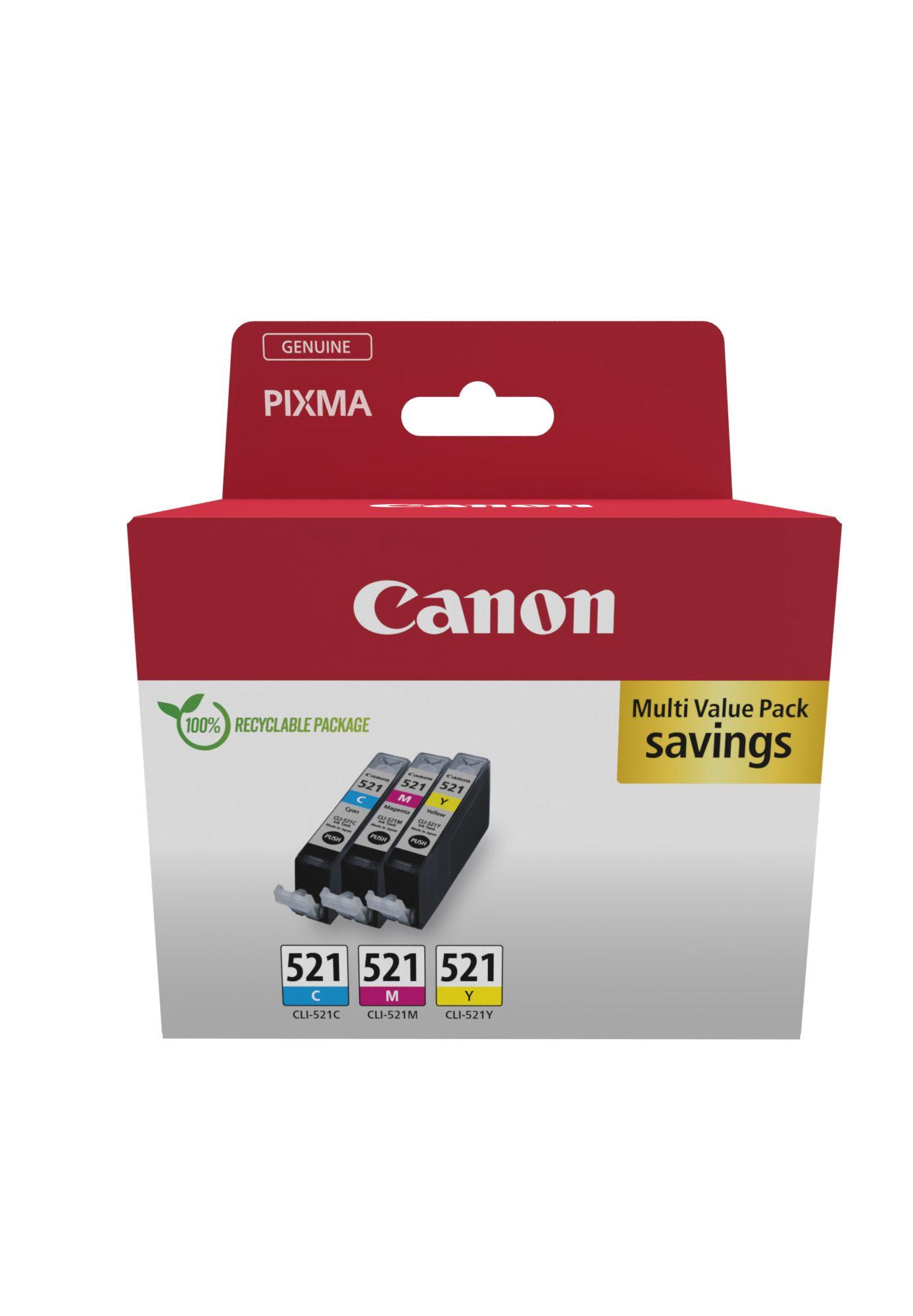 Pack de 3 Tinteiros CANON CLI-521 (Ciano, Magenta e Amarelo)