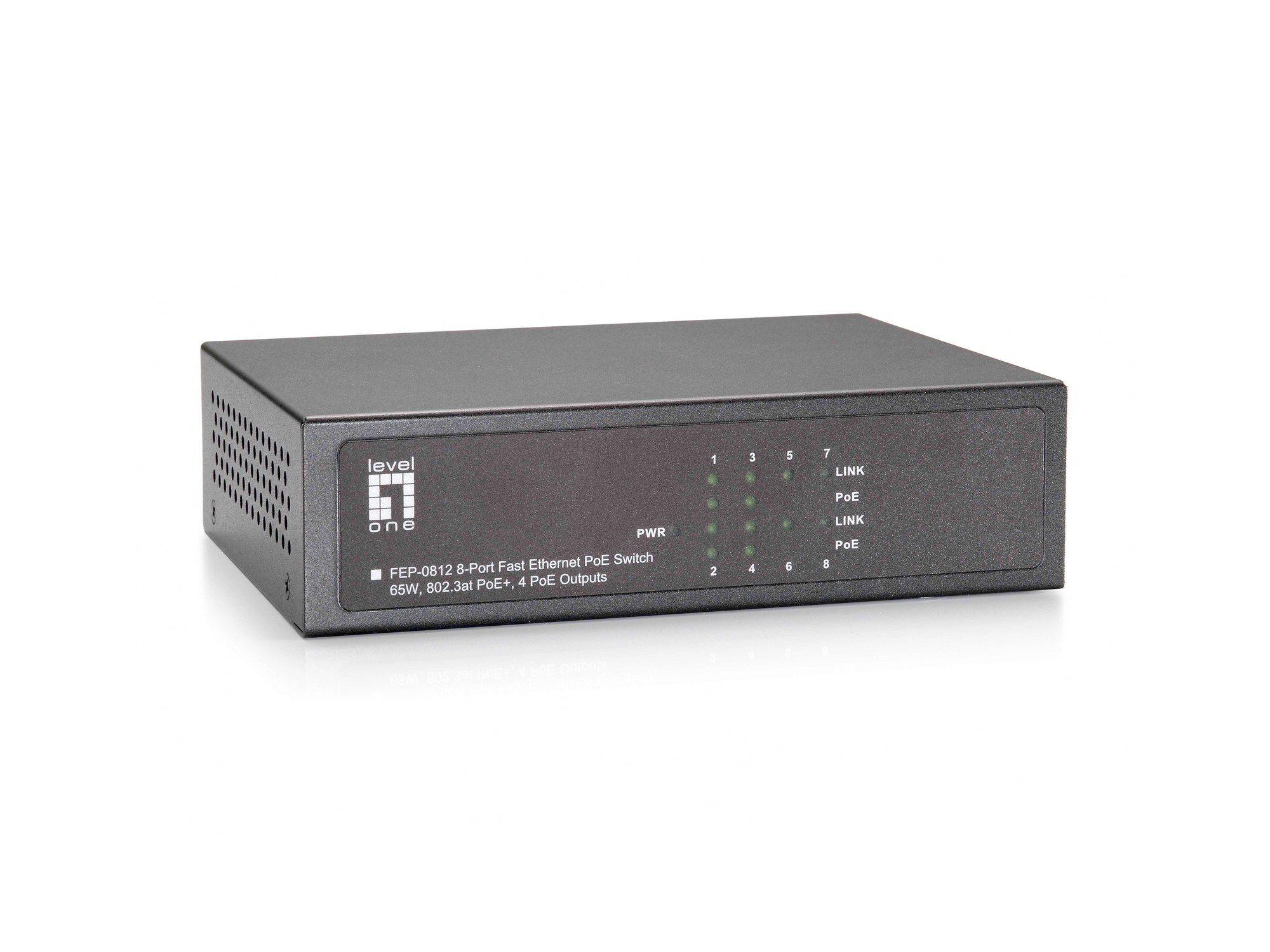 Switch PoE+ LEVELONE FEP-0812 (RJ-45 - Fast Ethernet - 64 KB - Preto)