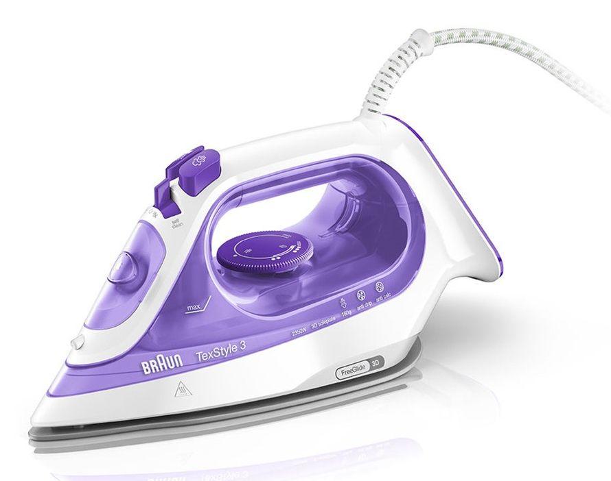 Ferro de Engomar a Vapor BRAUN TexStyle 3 SI3042VI (2350 W - 0,27 l - Base de cerâmica - Roxo/Prateado/Branco)