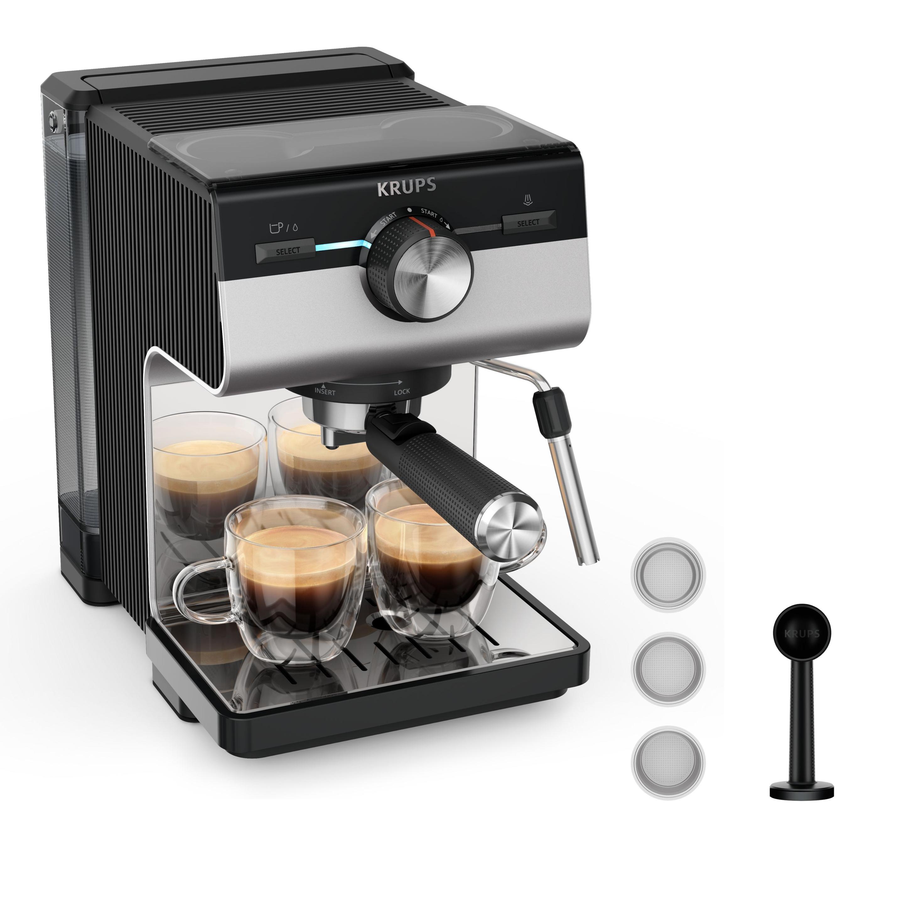 Máquina de Café Expresso KRUPS Authentic+ XP384E10 (2 l - Botões, rotativo - Altura 28,8 cm - Preto/Inox)