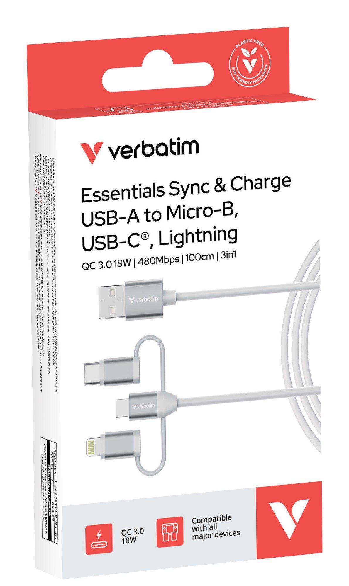 Cabo USB VERBATIM 32394 (1 m - USB-A - USB-C/Micro USB-B/Lightning - Branco), miniatura 3