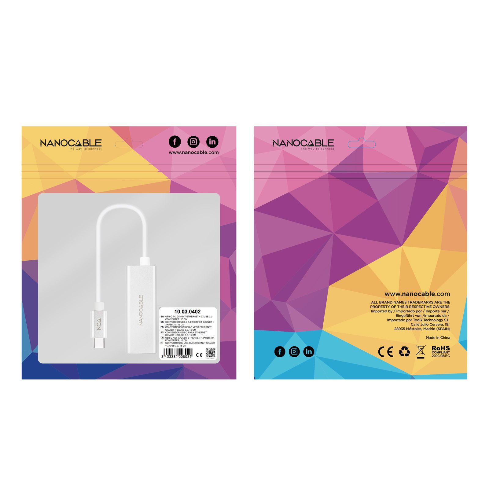 Conversor USB-C para Ethernet NANOCABLE 10.03.0402 (Ethernet - 1 unidade - USB Type-C - Prateado) — miniatura 5