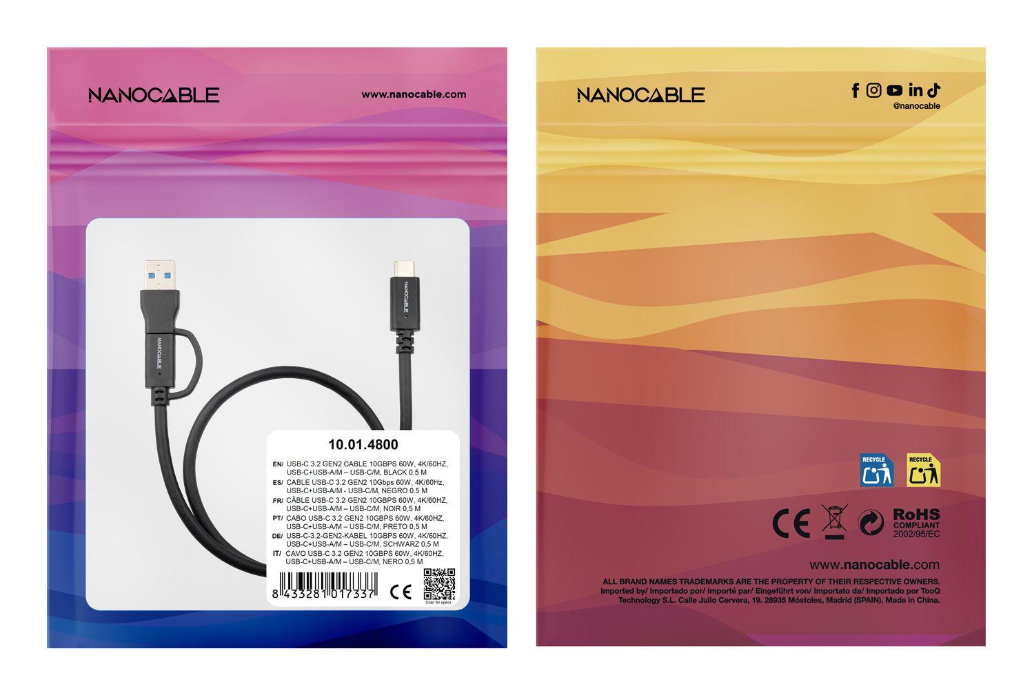 Cabo USB NANOCABLE 10.01.4802 (2 m - USB C - USB A/USB C - Preto) — miniatura 3