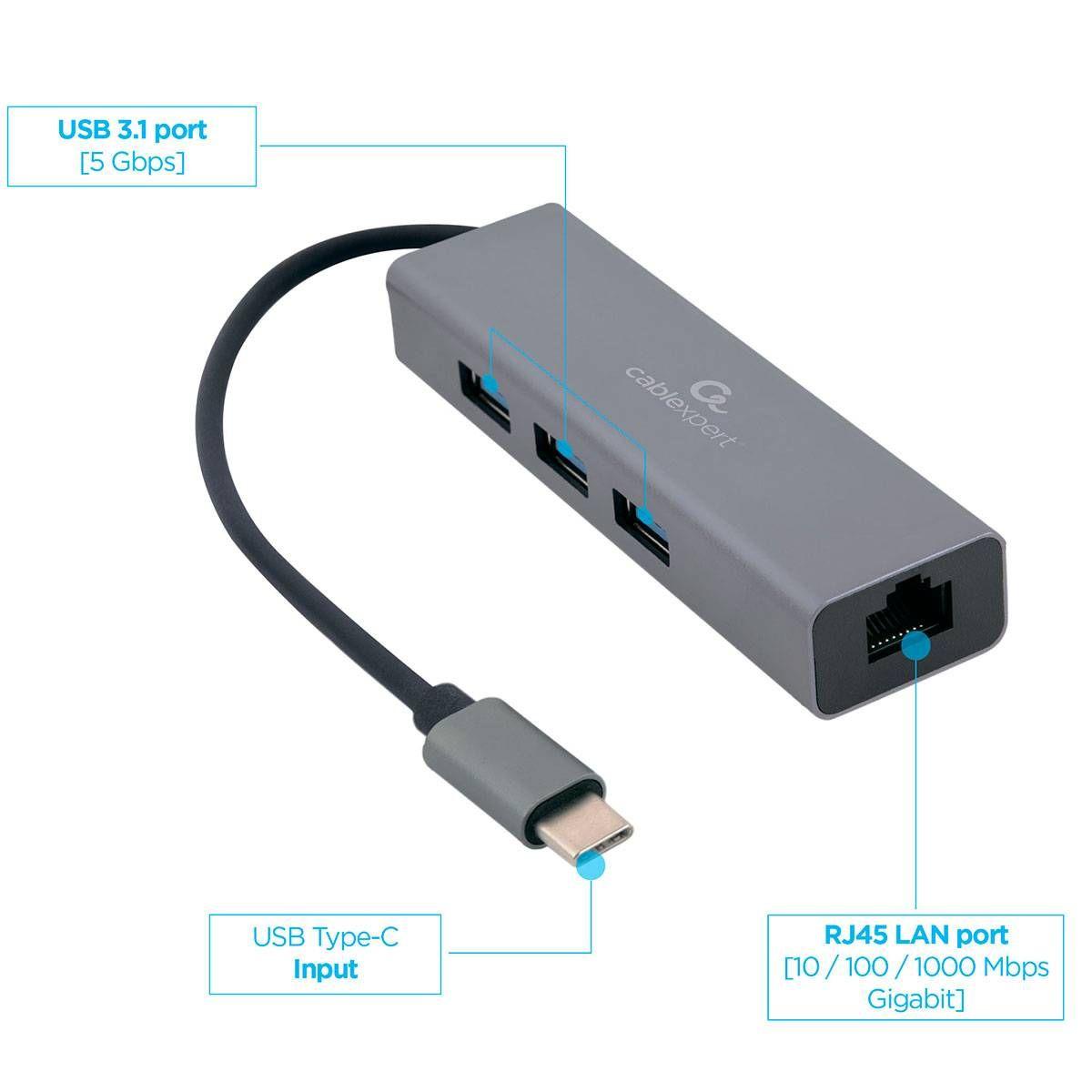 Hub USB-C GEMBIRD A-CMU3-LAN-01 (3x USB-A - Ethernet Gigabit - Leitor de cartões - Cinzento) — miniatura 3