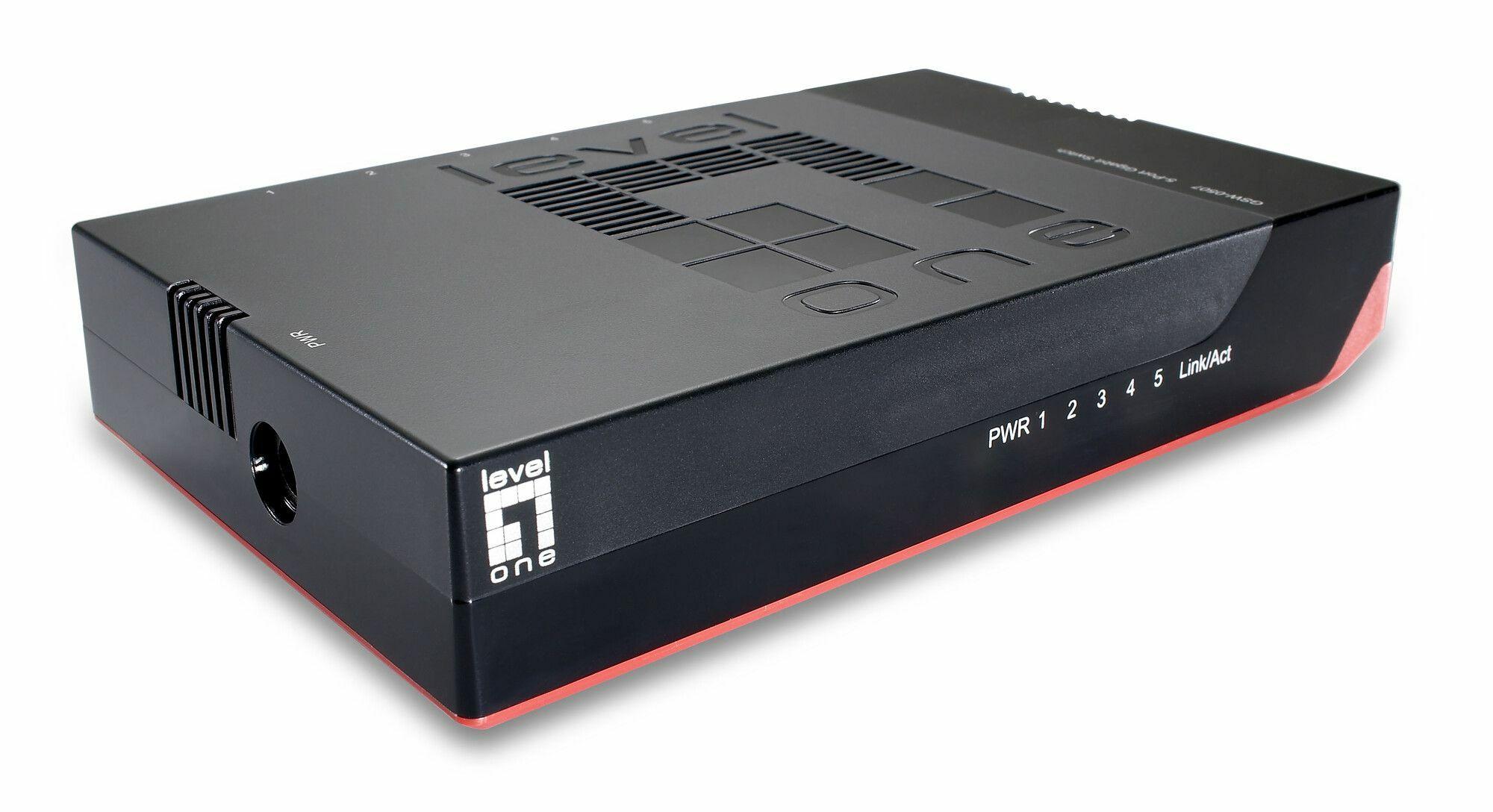 Switch de Rede LEVEL ONE GSW-0507 (Gigabit Ethernet RJ-45 - 10/100/1000 Mbps - 1 MB - Preto e Vermelho)
