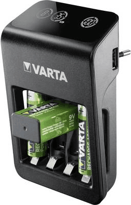 Carregador de Pilhas VARTA LCD Plug Charger+ (USB - AA, AAA e 9V - Preto)