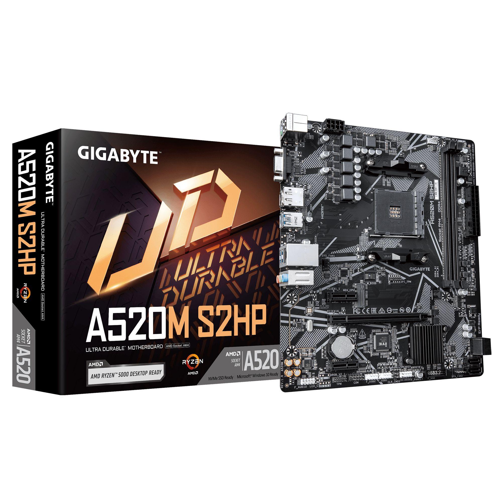 Motherboard GIGABYTE A520M S2HP (AM4 - AMD Ryzen 3000 Series - Micro ATX - Preto)
