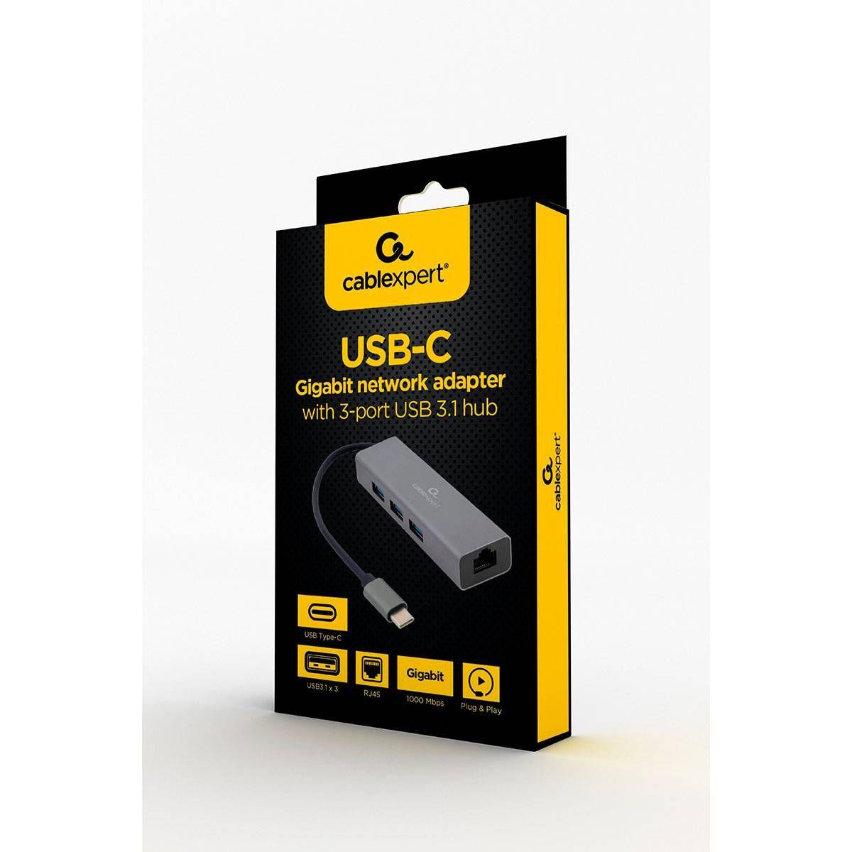 Hub USB-C GEMBIRD A-CMU3-LAN-01 (3x USB-A - Ethernet Gigabit - Leitor de cartões - Cinzento) — miniatura 2
