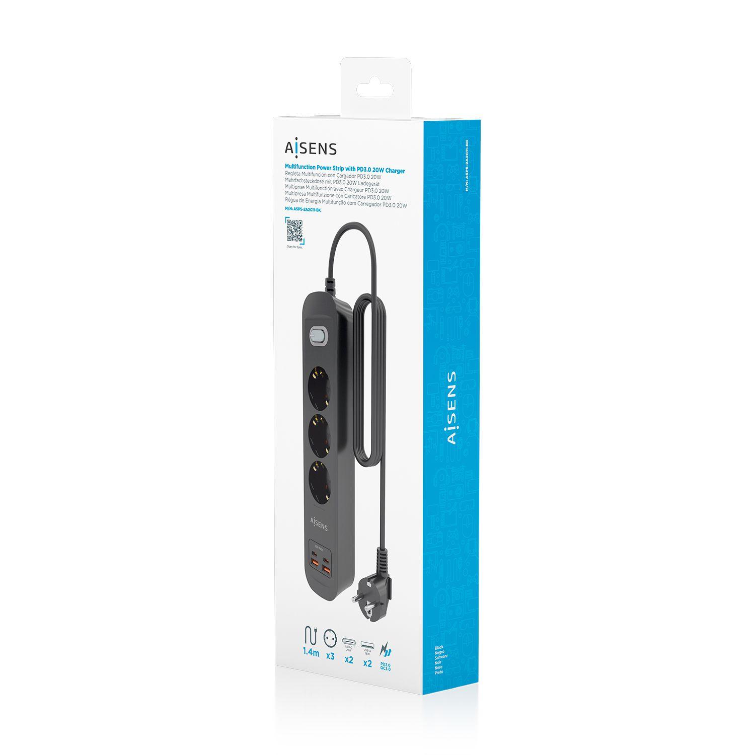 Régua de Tomadas AISENS ASPS-2A2C11-BK (1,4 m - Tipo F - Preto), miniatura 7