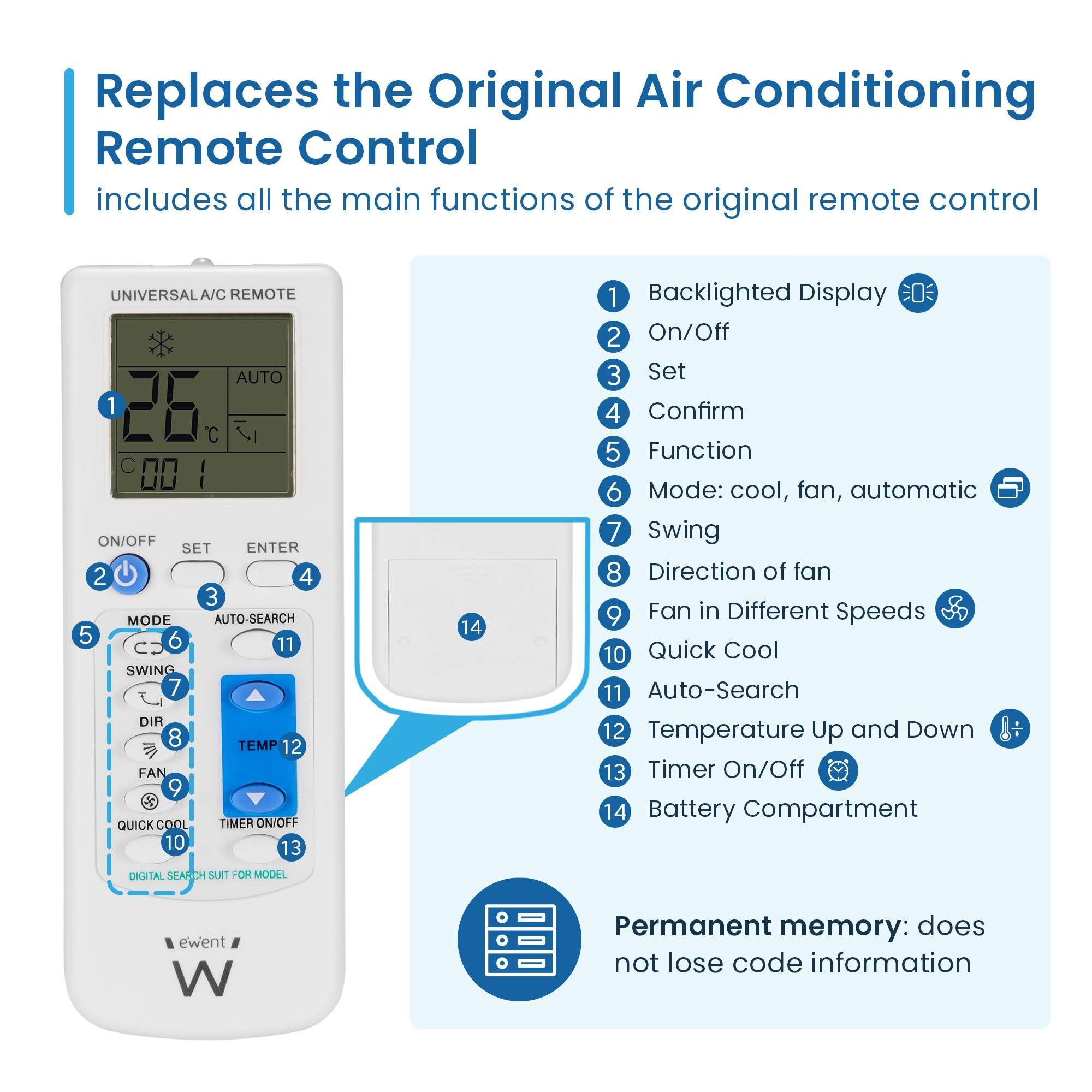 Controlo Remoto Universal para Ar Condicionado EWENT EW1579 (Altura 1,8 cm - Branco) — miniatura 4