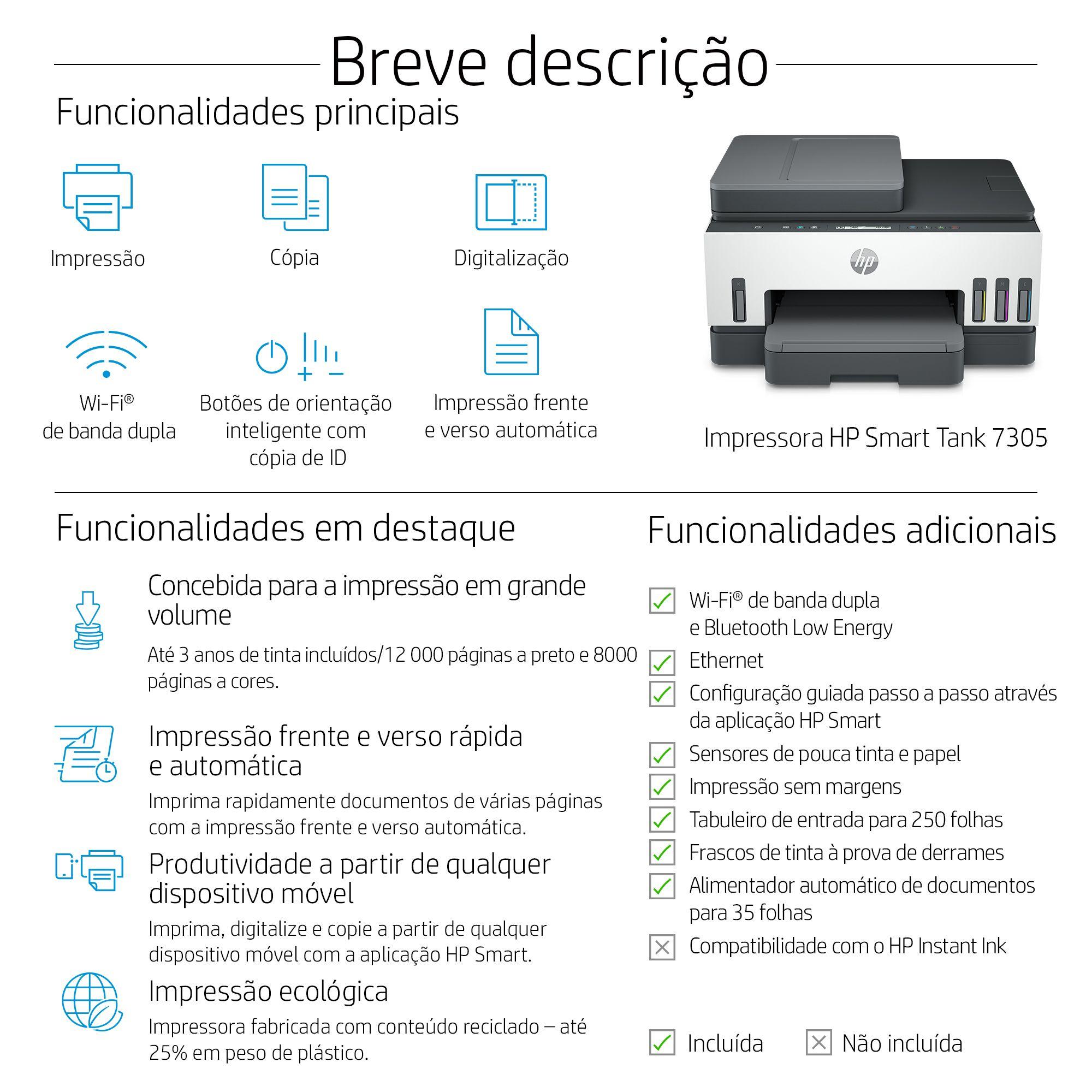 Impressora Multifuncional de Jato de Tinta HP Smart Tank 7305 (A4 - Impressão a cores - 250 folhas - Branco e Cinzento) — miniatura 5