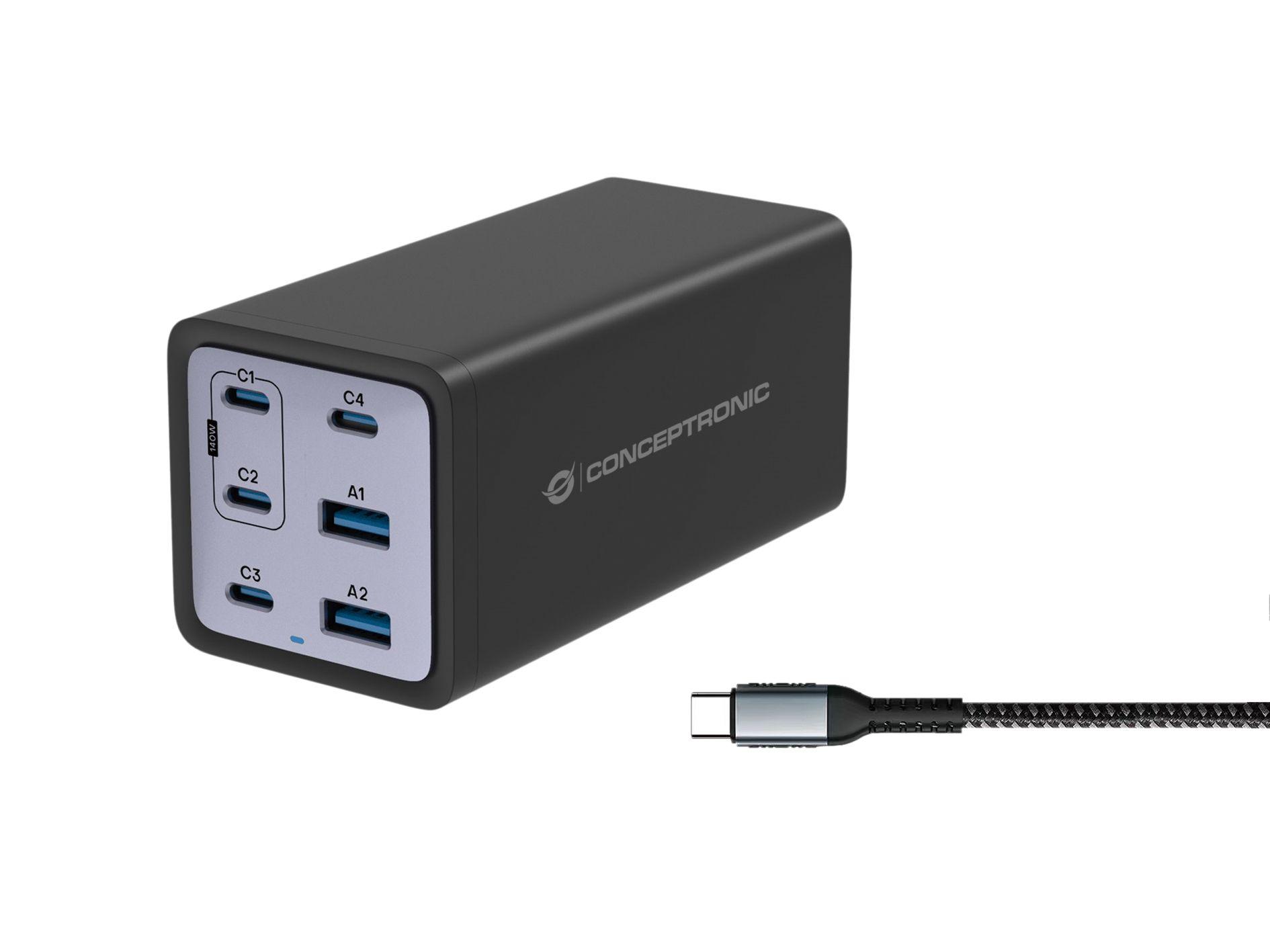 Carregador USB CONCEPTRONIC OZUL06BE (AC, USB Type-C para USB Type-C - Universal - Preto)