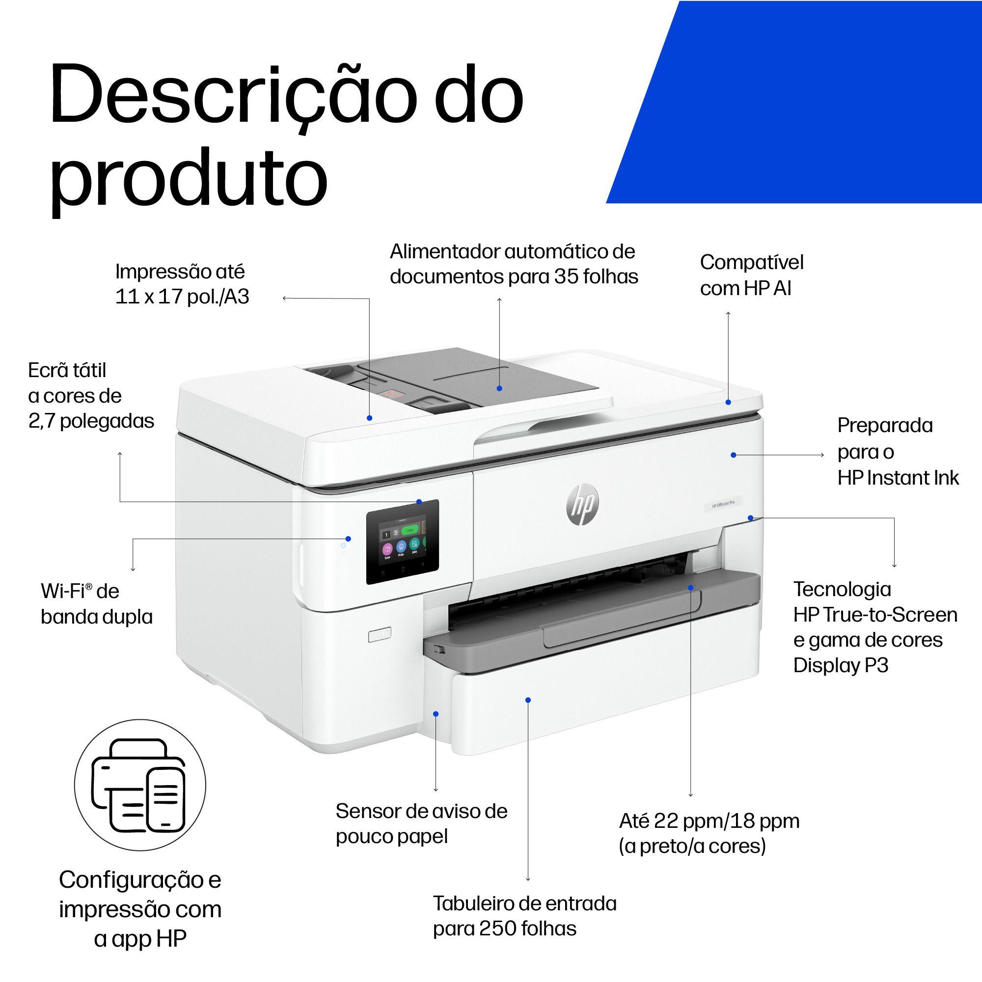 Impressora Multifunções HP OfficeJet Pro 9720e (A3 - Impressão a cores - 250 folhas - Cinzento), miniatura 5