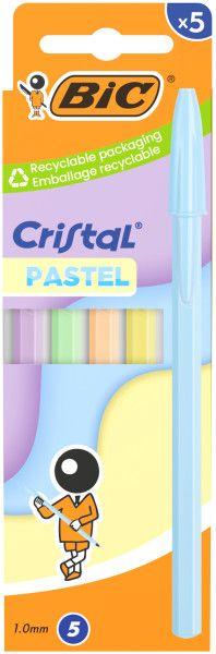 Esferográficas BIC Cristal Pastel (Pack de 5 - Ponta 1 mm - Tinta Azul - Corpo em tons pastel)