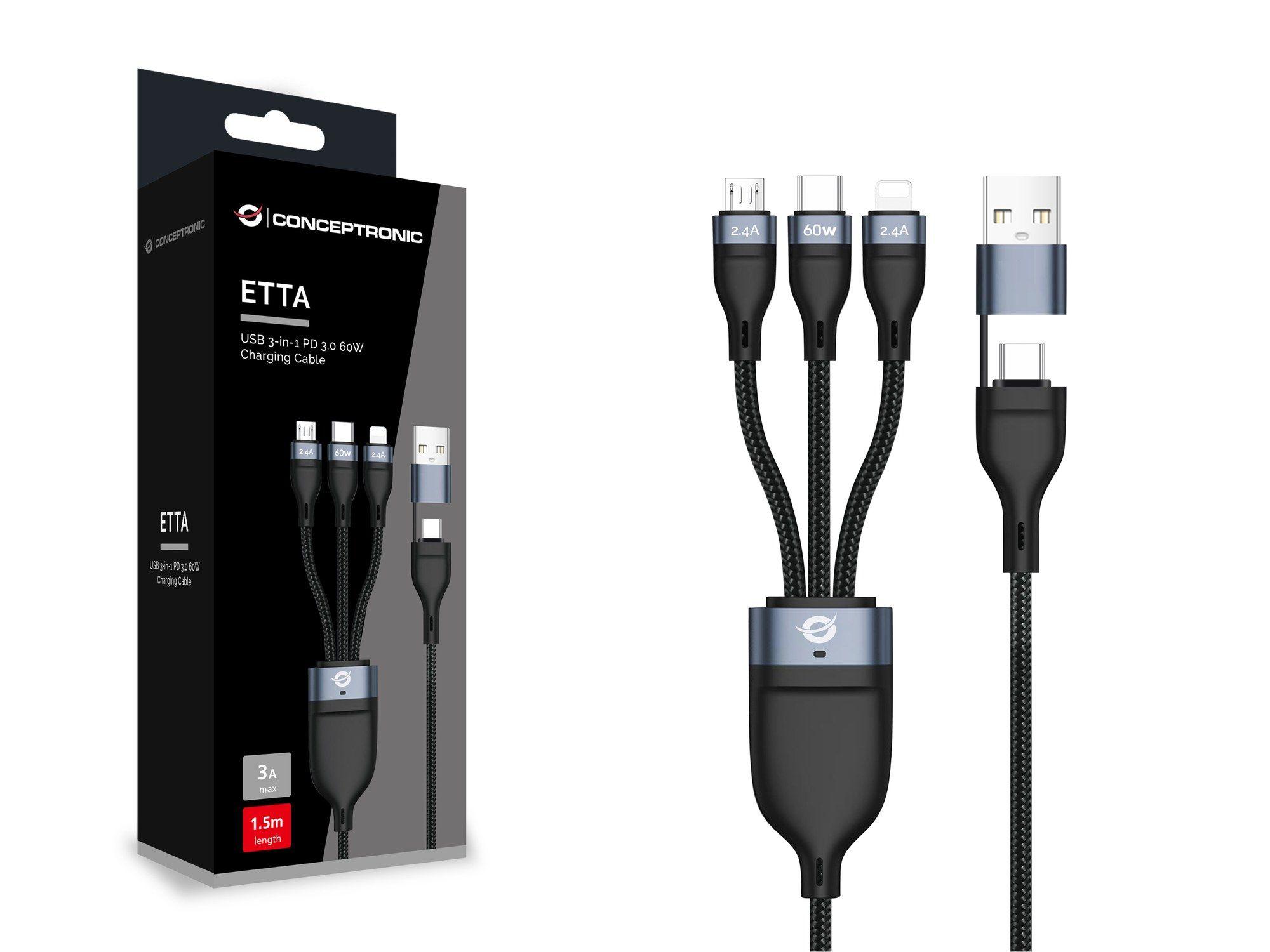 Cabo USB 3 em 1 CONCEPTRONIC ETTA05B15 (1,5 m - USB C/Micro-USB B/Lightning - USB C - Preto), miniatura 2