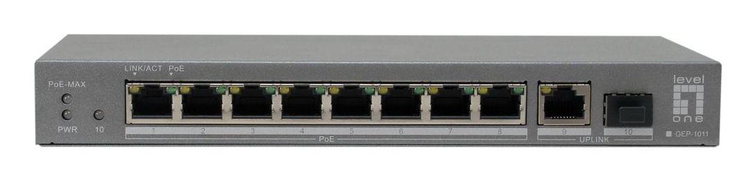 Switch PoE+ Não Gerido LEVEL ONE GEP-1011 (Gigabit Ethernet - 10/100/1000 Mbit/s - 0,1875 MB - Cinzento)