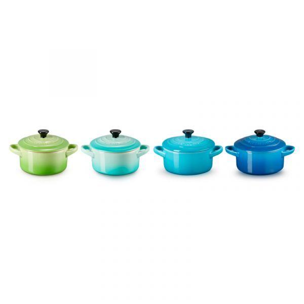 Conjunto de 4 Mini Cocottes LE CREUSET (Grés porcelânico - 10 x 5 cm - Verde-azulado)