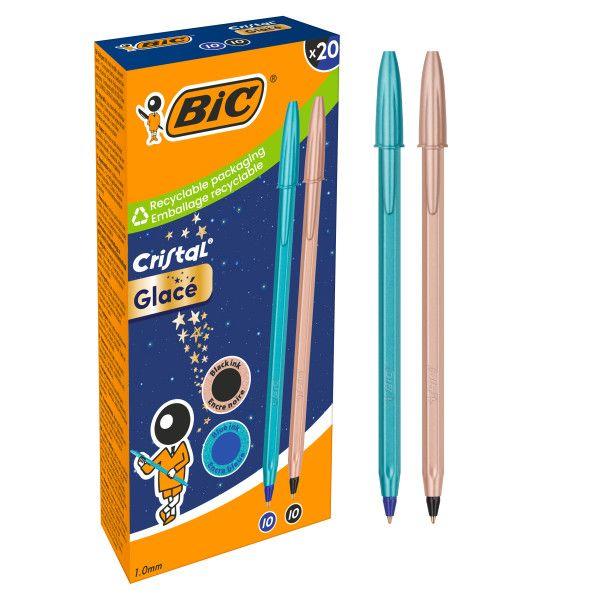 Caneta Esferográfica BIC Cristal Glace Pack de 20 (Ponta 1 mm - Tinta Azul e Preta - Azul Metalizado Mate e Cobre Mate)