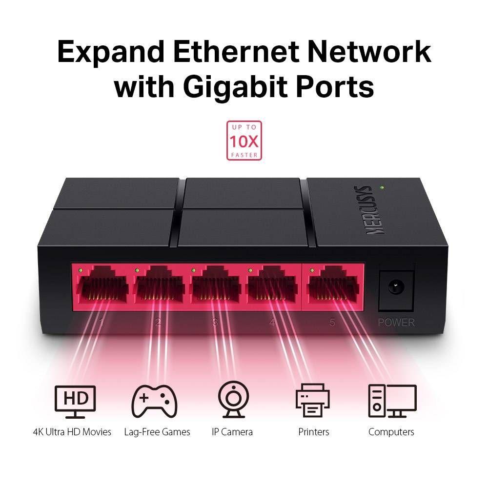 Switch de Rede MERCUSYS MS105G (Gigabit Ethernet - 0,512 MB - Até 1000 Mbps - Preto), miniatura 3
