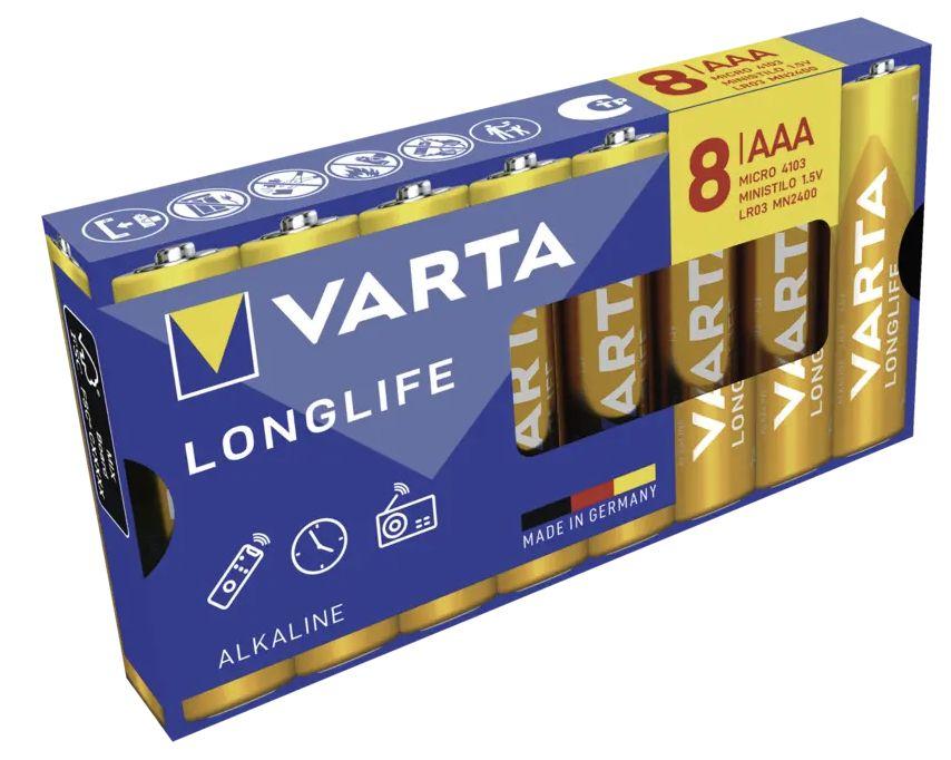 Pilhas Alcalinas VARTA Longlife AAA LR 3 (1,5 V - Pack de 8)