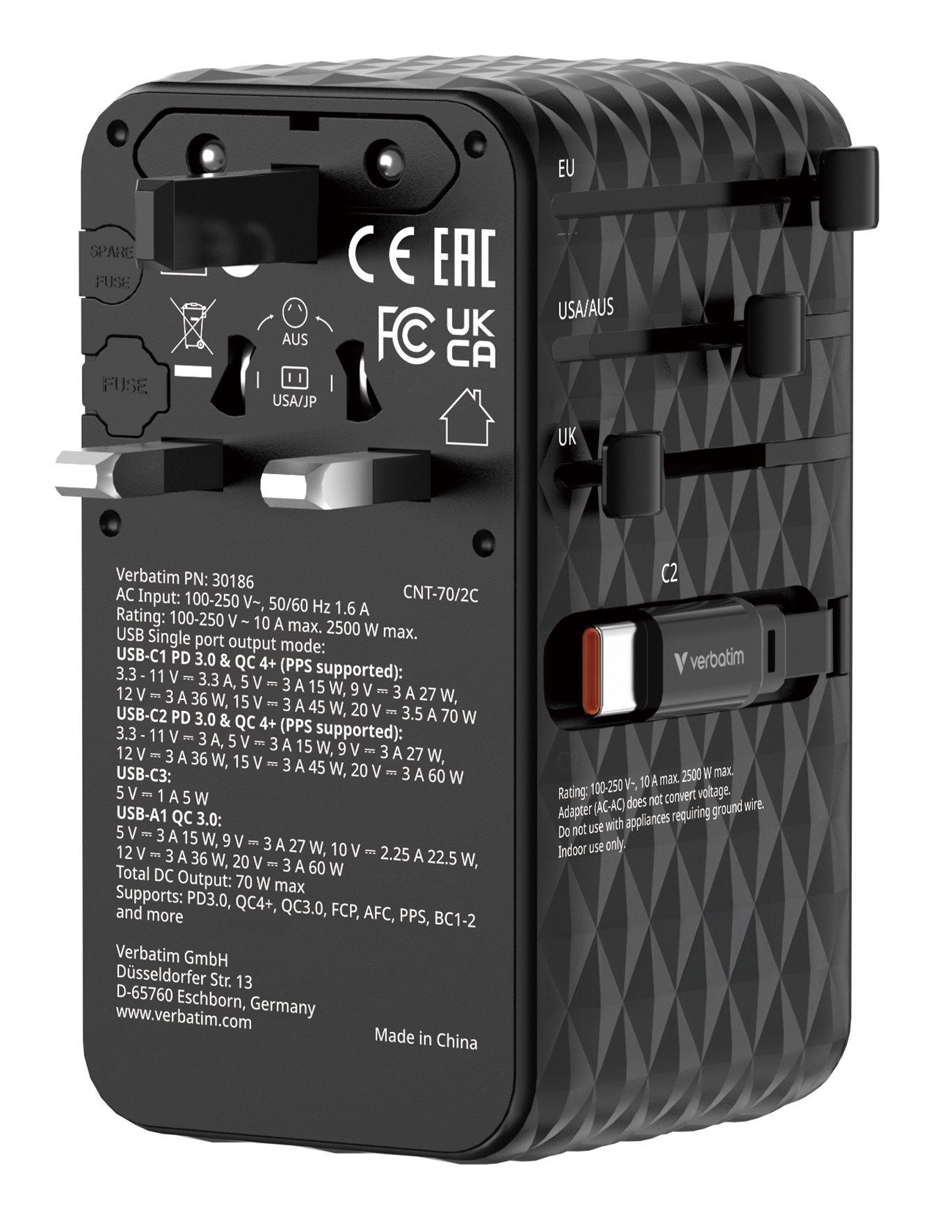 Carregador de Viagem VERBATIM Charge'n'Travel Adapter 70W 2C retractable (USB-C - Universal - AC - Preto), miniatura 4