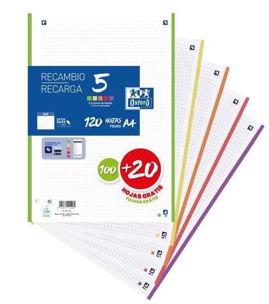 Recarga de Folhas OXFORD 5 (120 Folhas - A4 - Quadriculado 5 x 5 mm - 4 Furos - Faixa de 5 Cores)