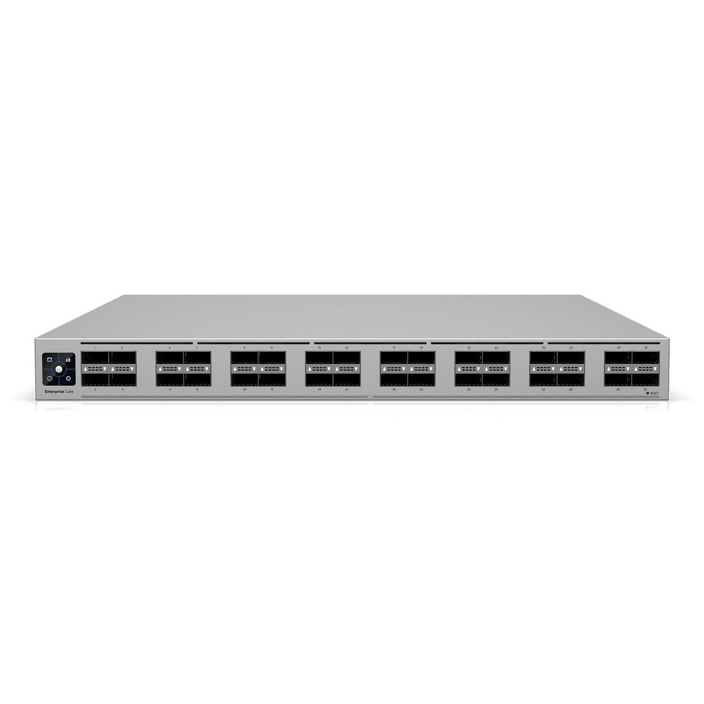 Switch de Rede Gerido UBIQUITI ECS-Core (32x QSFP28 até 100 Gbit/s - Ecrã tátil 1,3″ - Rack 19″)
