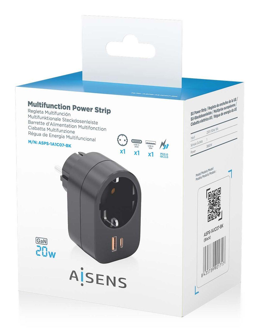 Tomada de Parede AISENS ASPS-1A1C07-BK (3680 W - Até 20 W - Preto), miniatura 7