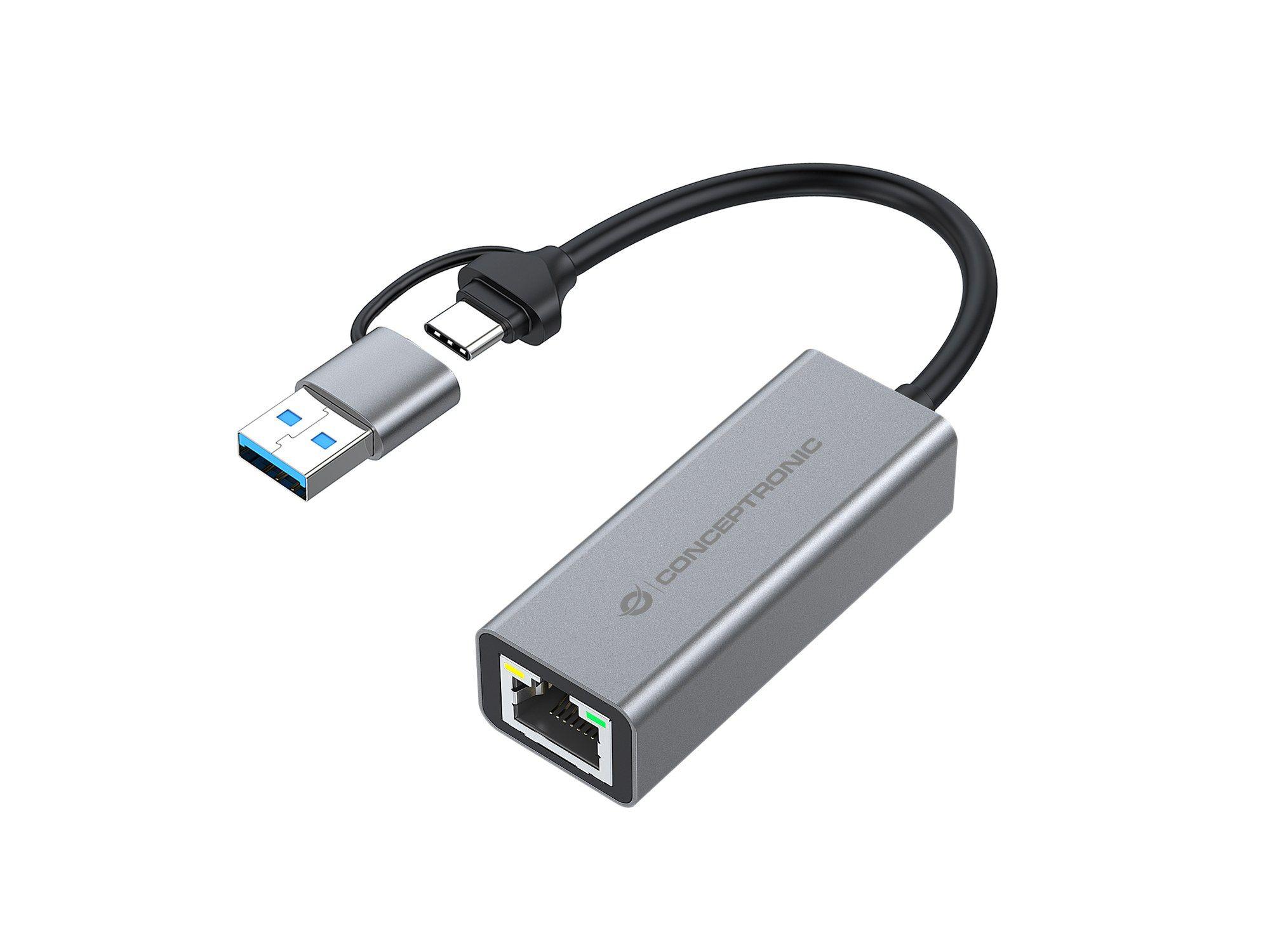 Adaptador de Rede USB CONCEPTRONIC ABBY08G (1 x RJ-45 - USB Type-A/USB Type-C - Cinzento)