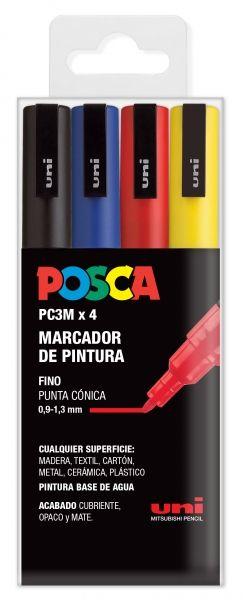 Marcadores de Pintura POSCA PC-3M/4C (Ponta 0,9–1,3 mm - 4 Cores: Preto, Azul, Vermelho e Amarelo)